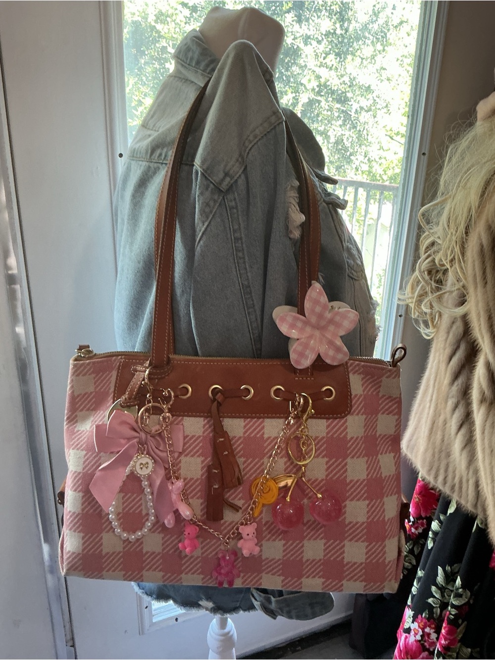 Dooney & Bourke Pink Plaid Tote with Brown Trim and Charm Details